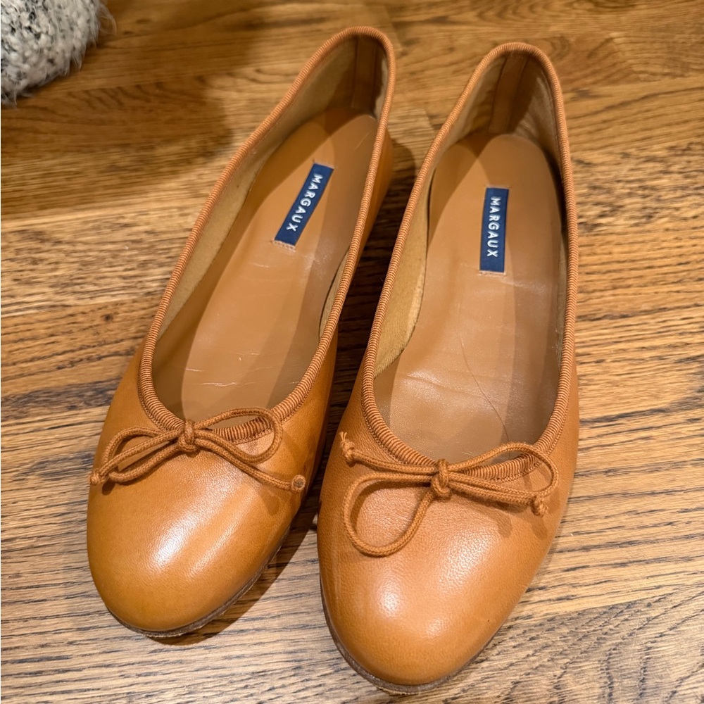 Margaux Cognac Leather Ballet Flats with Bow Trim